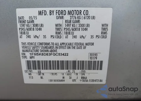 2015 Ford Explorer Xlt из США, поврежденный, VIN 1FM5K8D83FGC53422